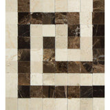 4X4" Crema Marfil Polished Marble Greek Key Corner (Crema Marfil + Emp. Dark).