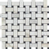 Calacatta Gold Honed Marble Basketweave Mosaic Tile w/ Black Dots.