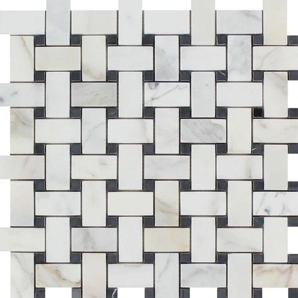 Calacatta Gold Honed Marble Basketweave Mosaic Tile w/ Black Dots.