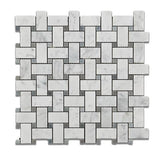 Bianco Carrara Honed Marble Basketweave Mosaic Tile (w/ Blue-Gray Dots).