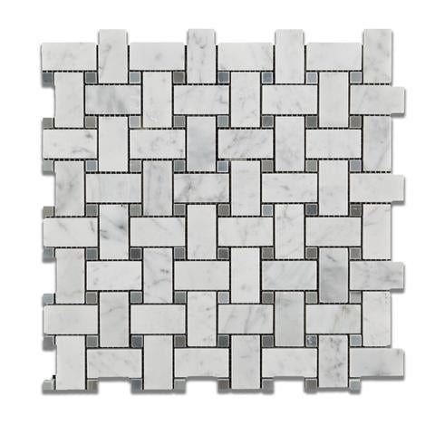 Bianco Carrara Honed Marble Basketweave Mosaic Tile (w/ Blue-Gray Dots).