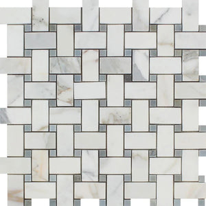 Calacatta Gold Honed Marble Basketweave Mosaic Tile w/ Blue-Gray Dots.