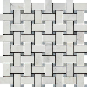 Oriental White Honed Marble Basketweave Mosaic Tile w/ Blue-Gray Dots.