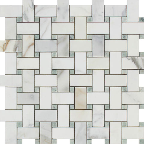 Calacatta Gold Honed Marble Basketweave Mosaic Tile w/ Ming Green Dots.