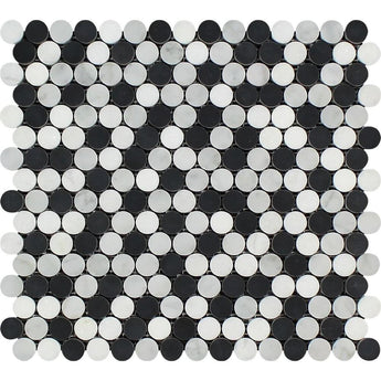 Thassos White Honed Marble Penny Round Mosaic Tile (Thassos + Carrara + Black).