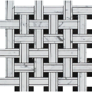 Bianco Carrara Honed Marble Tripleweave Mosaic Tile (w/ Black).
