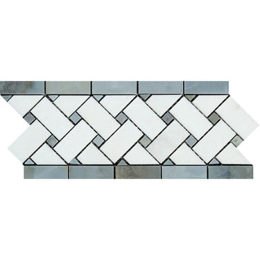 4 3/4 x 12 Honed Thassos White Marble Basketweave Border w/ Blue-Gray Dots.