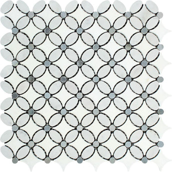 Bianco Carrara Honed Marble Florida Flower Mosaic Tile (Thassos + Carrara (Oval) + Blue-Gray (Dots)).