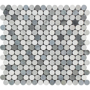 Thassos White Honed Marble Penny Round Mosaic Tile (Carrara + Thassos + Blue-Gray).