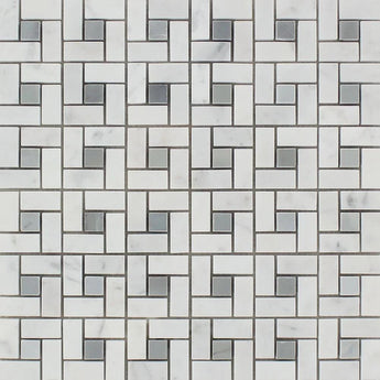 Bianco Carrara Honed Marble Mini Pinwheel Mosaic Tile (w/ Blue-Gray Dots).