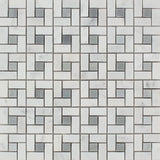 Bianco Carrara Honed Marble Mini Pinwheel Mosaic Tile (w/ Blue-Gray Dots).