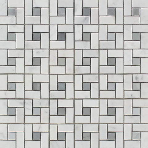 Bianco Carrara Honed Marble Mini Pinwheel Mosaic Tile (w/ Blue-Gray Dots).
