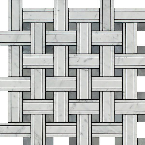 Bianco Carrara Honed Marble Tripleweave Mosaic Tile (w/ Blue-Gray).