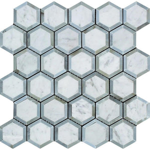 2 x 2 Honed Bianco Carrara Marble Vortex Hexagon Mosaic Tile (w/ Blue-Gray).
