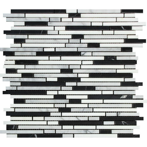 Bianco Carrara Honed Marble Bamboo Sticks Mosaic Tile (Carrara + Black).