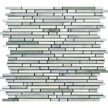 Thassos White Honed Marble Bamboo Sticks Mosaic Tile (Thassos + Carrara + Ming Green).