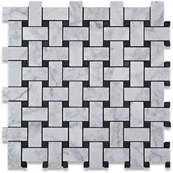 Bianco Carrara Honed Marble Basketweave Mosaic Tile (w/ Black Dots).