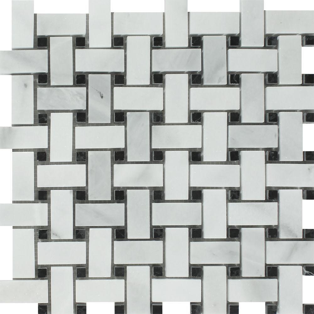 Bianco Mare Honed Marble Basketweave Mosaic Tile w/ Black Dots.