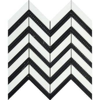 Thassos White Honed Marble Large Chevron Mosaic Tile (Thassos + Black (Thin Strips)).