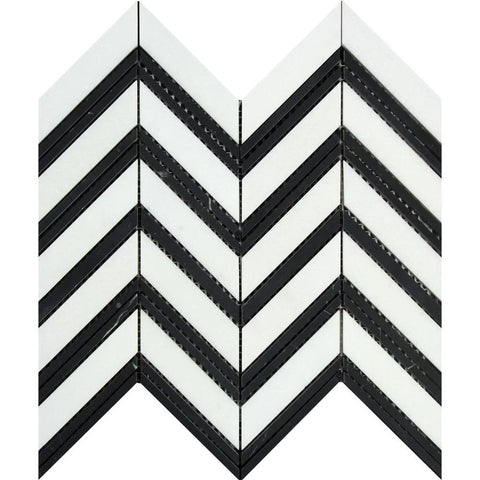 Thassos White Honed Marble Large Chevron Mosaic Tile (Thassos + Black (Thin Strips)).