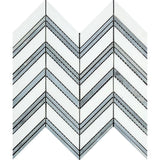 Thassos White Honed Marble Large Chevron Mosaic Tile (Thassos + Blue-Gray (Thin Strips)).