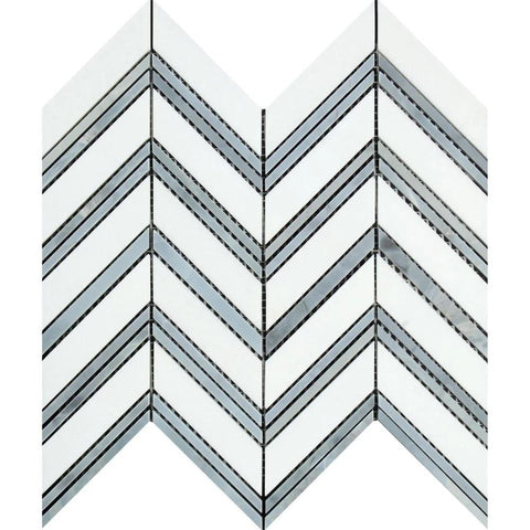 Thassos White Honed Marble Large Chevron Mosaic Tile (Thassos + Blue-Gray (Thin Strips)).