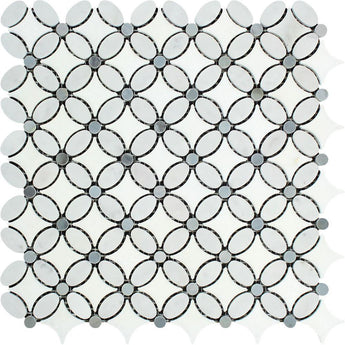 Thassos White Honed Marble Florida Flower Mosaic Tile (Carrara + Thassos (Oval) + Blue-Gray (Dots)).