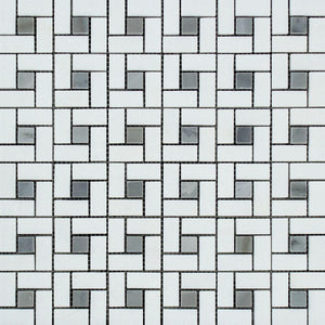 Thassos White Honed Marble Mini Pinwheel Mosaic Tile w/ Blue-Gray Dots.