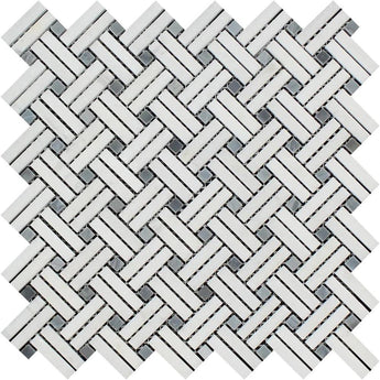 Thassos White Honed Marble Stanza Mosaic Tile w/ Blue-Gray Dots.