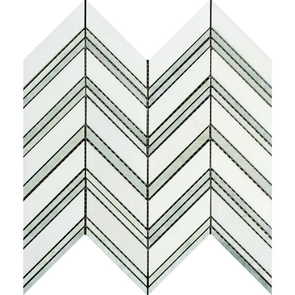 Thassos White Honed Marble Large Chevron Mosaic Tile (Thassos + Ming Green (Thin Strips)).