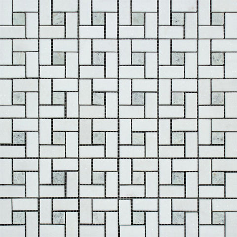 Thassos White Honed Marble Mini Pinwheel Mosaic Tile w/ Ming Green Dots.