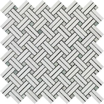 Thassos White Honed Marble Stanza Mosaic Tile w/ Ming Green Dots.