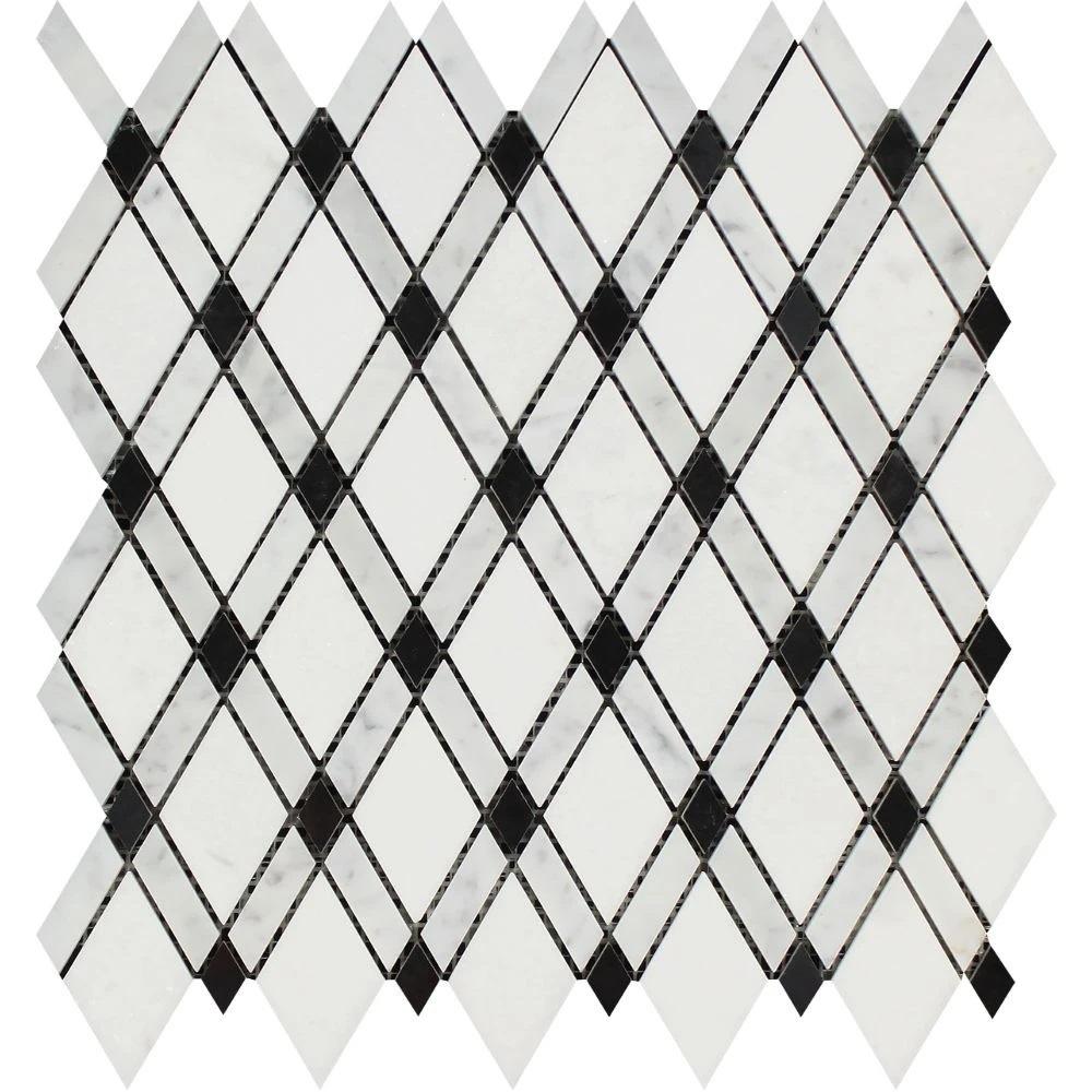 Thassos White Honed Marble Lattice Mosaic Tile (Thassos + Carrara + Black).