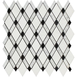 Thassos White Honed Marble Lattice Mosaic Tile (Thassos + Carrara + Black).
