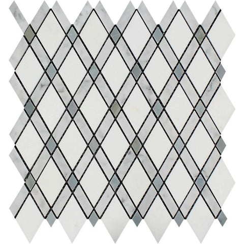 Thassos White Honed Marble Lattice Mosaic Tile (Thassos + Carrara + Blue-Gray).