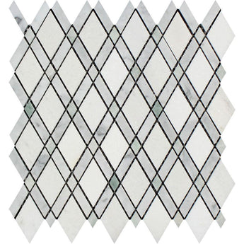 Thassos White Honed Marble Lattice Mosaic Tile (Thassos + Carrara + Ming Green).