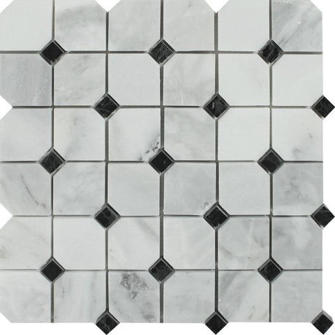 Bianco Mare Honed Marble Octagon Mosaic Tile w/ Black Dots.