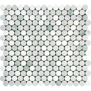Thassos White Honed Marble Penny Round Mosaic Tile (Carrara + Thassos + Ming Green).