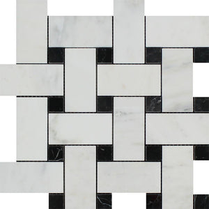 Oriental White Honed Marble Large Basketweave Mosaic Tile w/ Black Dots.
