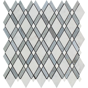 Oriental White Honed Marble Lattice Mosaic Tile (Thassos + Oriental White White + Blue-Gray).
