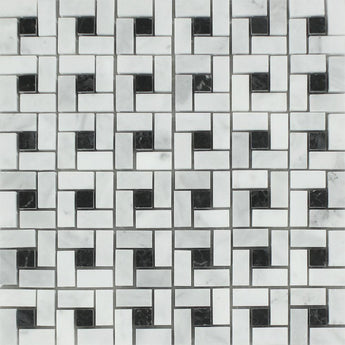 Bianco Mare Honed Marble Mini Pinwheel Mosaic Tile w/ Black Dots.