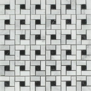 Bianco Mare Honed Marble Mini Pinwheel Mosaic Tile w/ Black Dots.