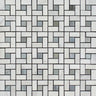 Oriental White Honed Marble Mini Pinwheel Mosaic Tile w/ Blue-Gray Dots.