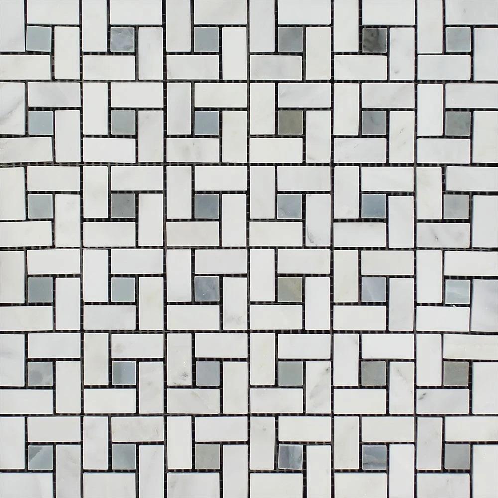 Oriental White Honed Marble Mini Pinwheel Mosaic Tile w/ Blue-Gray Dots.