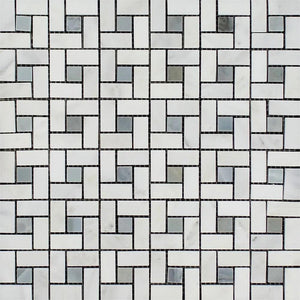 Oriental White Honed Marble Mini Pinwheel Mosaic Tile w/ Blue-Gray Dots.
