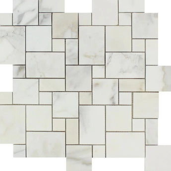Calacatta Gold Honed Marble Mini Versailles Pattern Mosaic Tile.