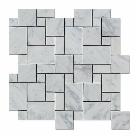 Bianco Carrara Honed Marble Mini Versailles Pattern Mosaic Tile.