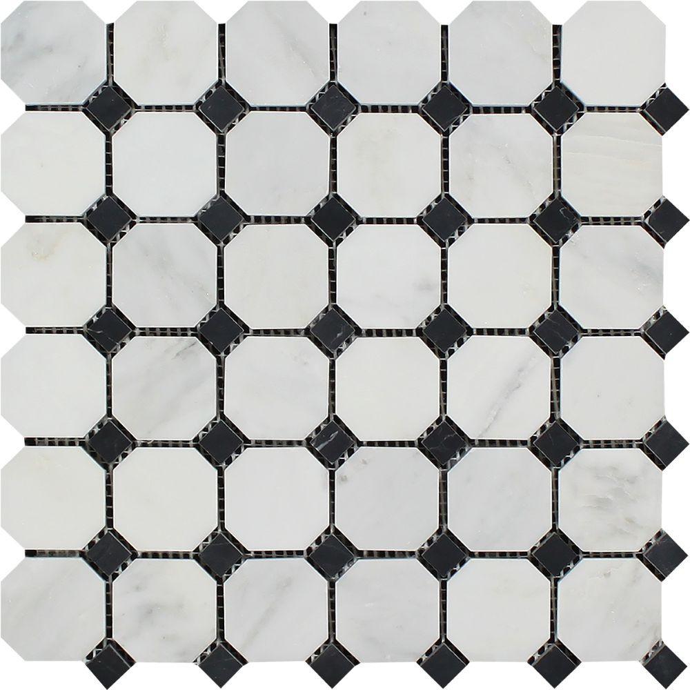 Oriental White Honed Marble Octagon Mosaic Tile w/ Black Dots.