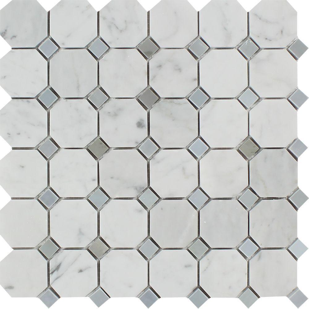 Bianco Carrara Honed Marble Octagon Mosaic Tile (w/ Blue-Gray Dots).