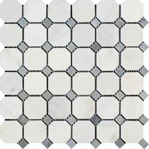 Oriental White Honed Marble Octagon Mosaic Tile w/ Blue-Gray Dots.